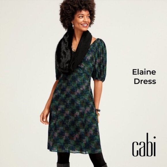 Cabi Elaine Puff Sleeve Multicolored Dot Mesh Midi Dress in Green Size XS - Picture 11 of 12